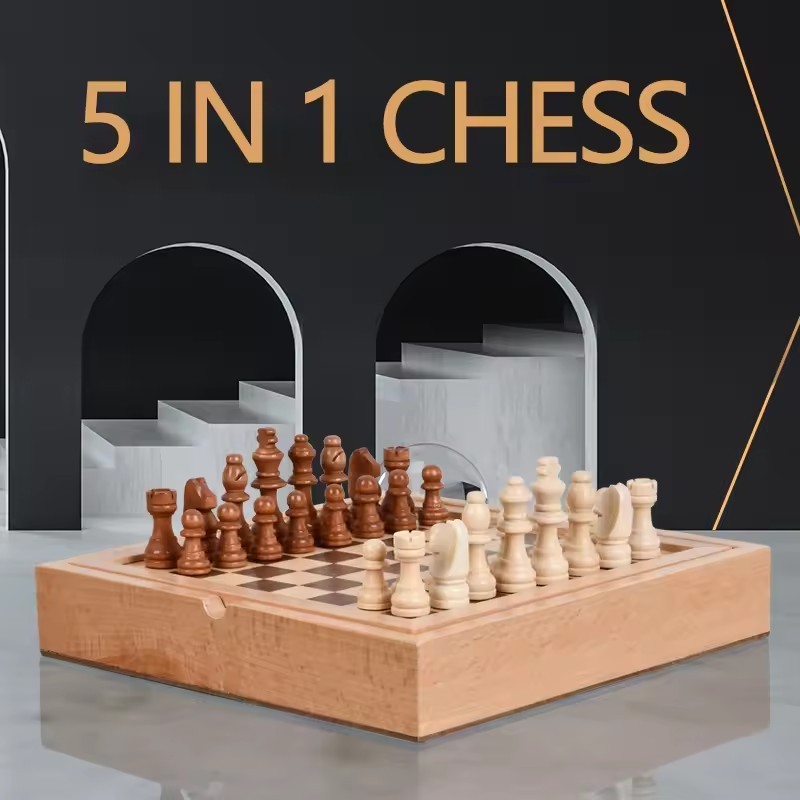 5 in 1 Wooden Chess Board Hand - Board Game Yearbook ulasan dan harga